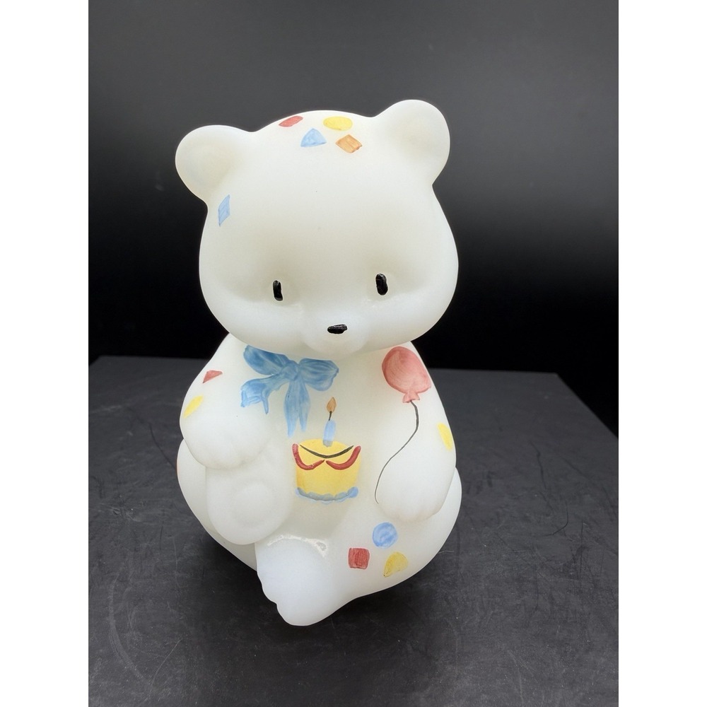 🐻🎂 Fenton Glass "Happy Birthday" Opal Satin 3.5" Bear Figurine 🎁✨